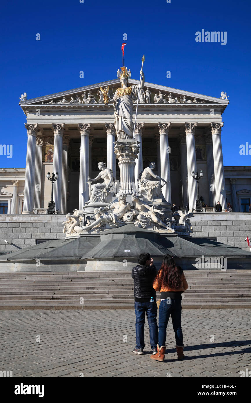 Tourists in front of Parliament,  Vienna, Austria, Europe Stock Photo