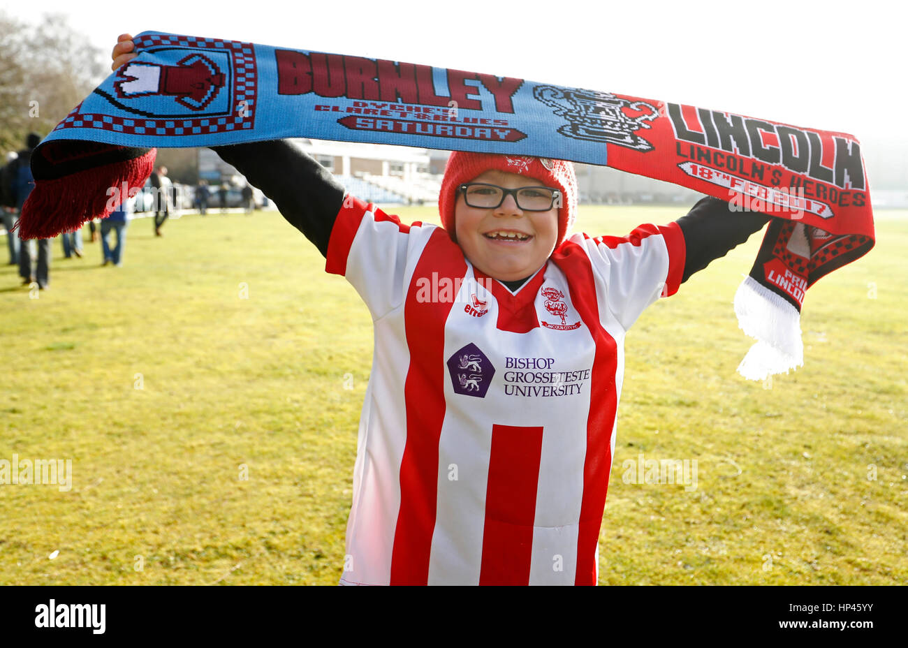 Young fan Sam Foxwell arrives at Turf Moor before the Emirates FA Cup