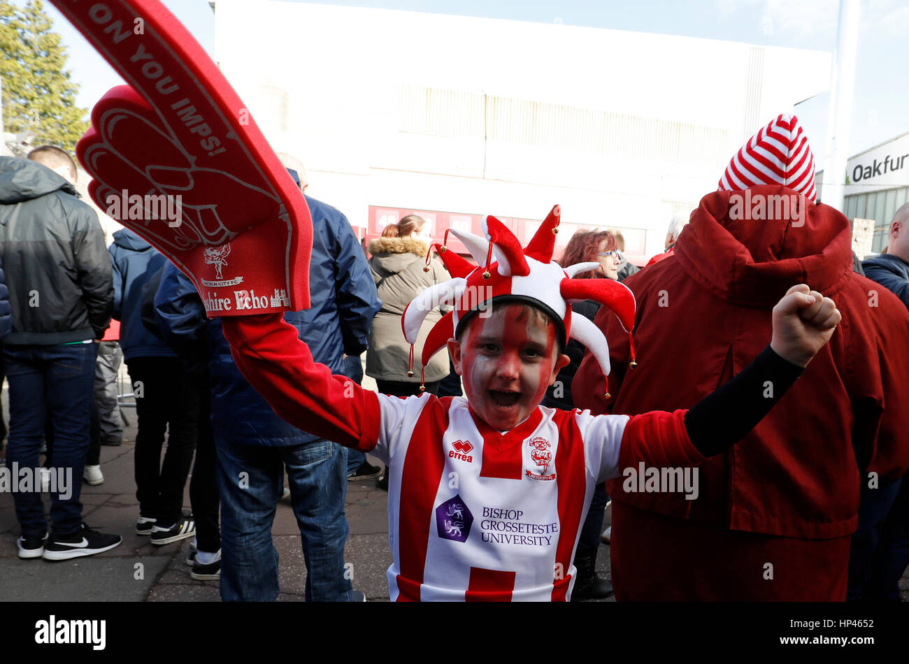 Young Lincoln fan Lewis Barham before the Emirates FA Cup, Fifth Round match at Turf Moor, Burnley. Stock Photo