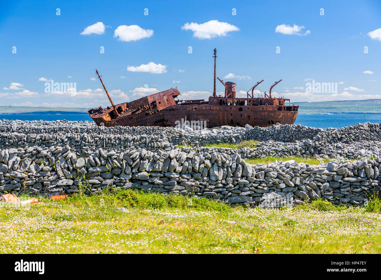 The wreck of the Plassey at Inis Oirr, County Galway, Ireland, Europe. Stock Photo