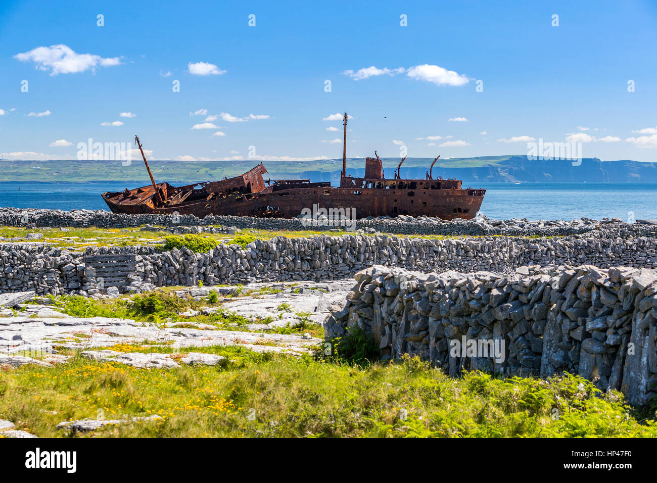 The wreck of the Plassey at Inis Oirr, County Galway, Ireland, Europe. Stock Photo