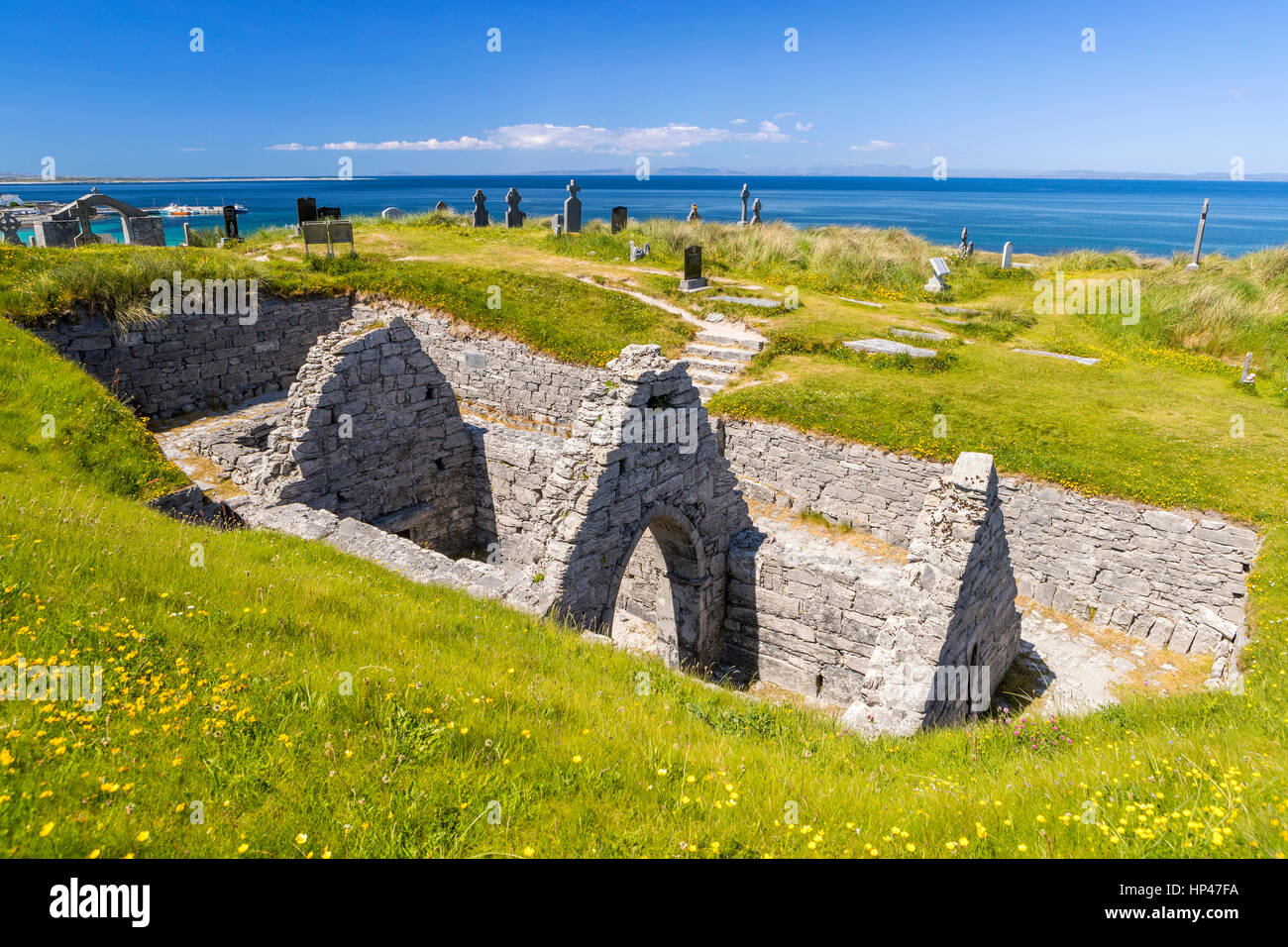 Saint Caomhan's church with Caomhan's grave at Inis Oirr, County Galway, Ireland, Europe. Stock Photo