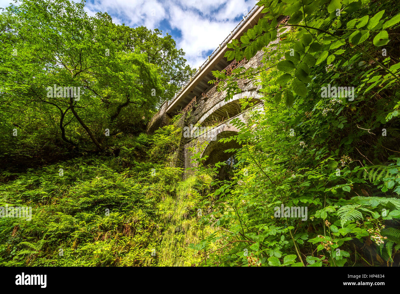 The three bridges, looking downstream, Devil's Bridge, Ceredigion, Wales, United Kingdom, Europe. Stock Photo