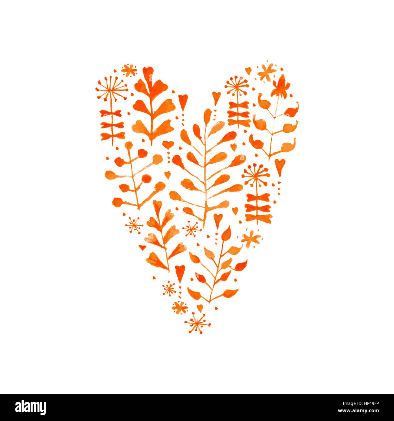 Valentines Day card with vector watercolor floral heart with flowers and leaves. Hand drawn love emblem Stock Vector