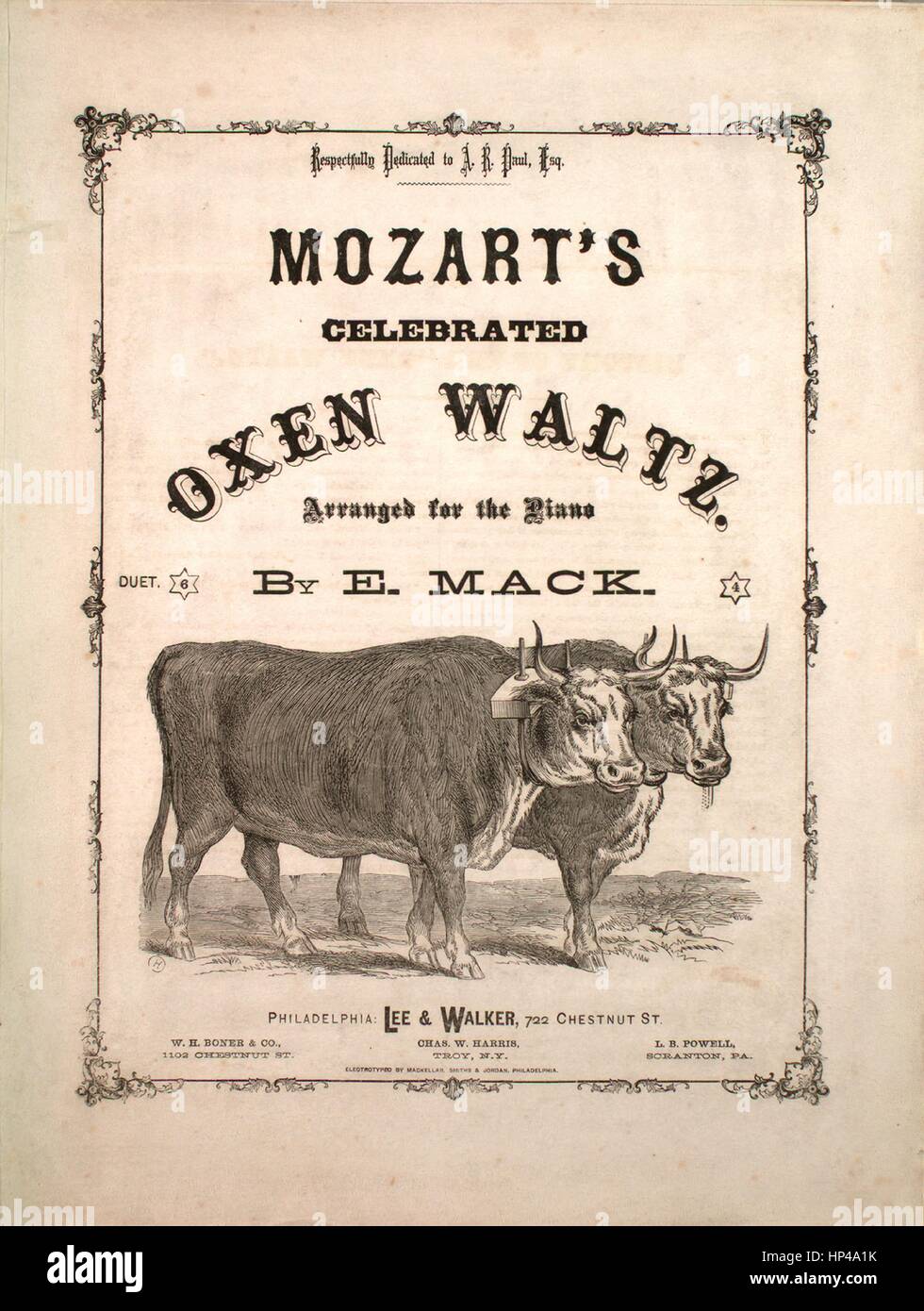Sheet music cover image of the song 'Mozart's Celebrated Oxen Waltz [History of the 'Oxen Waltz' on inside front cover]', with original authorship notes reading 'Arranged for the Piano by E Mack', United States, 1868. The publisher is listed as 'Lee and Walker, 722 Chestnut St.', the form of composition is 'sectional', the instrumentation is 'piano', the first line reads 'None', and the illustration artist is listed as 'Electrotyped by Mackellar Smiths and Jordan, Philadelphia'. Stock Photo