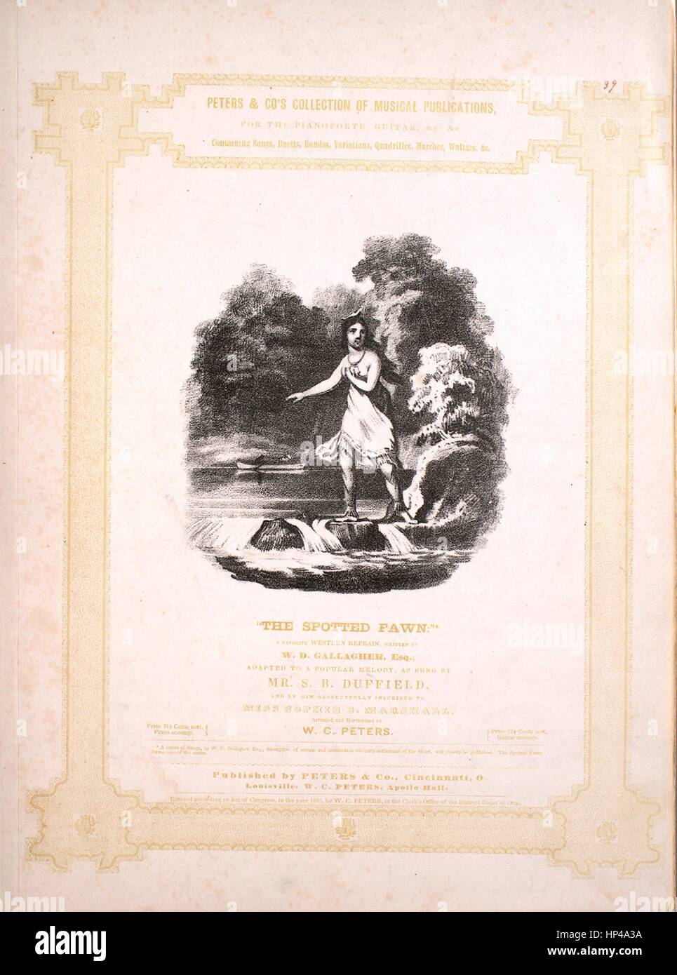 Sheet music cover image of the song 'Peters and Co's Collection of Musical Publications For the Pianoforte, Guitar, Etc, Etc The Spotted Fawn', with original authorship notes reading 'A Favorite Western Refrain, Written by WD Gallagher, Esq Adapted to a Popular Melody Arranged and Harmonized by WC Peters, 1845', 1845. The publisher is listed as 'Peters and Co.', the form of composition is 'strophic with chorus', the instrumentation is 'piano and voice (solo and satb chorus)', the first line reads 'On Mahketewa's flow'ry marge, the Red Chief's wigwam stood', and the illustration artist is liste Stock Photo