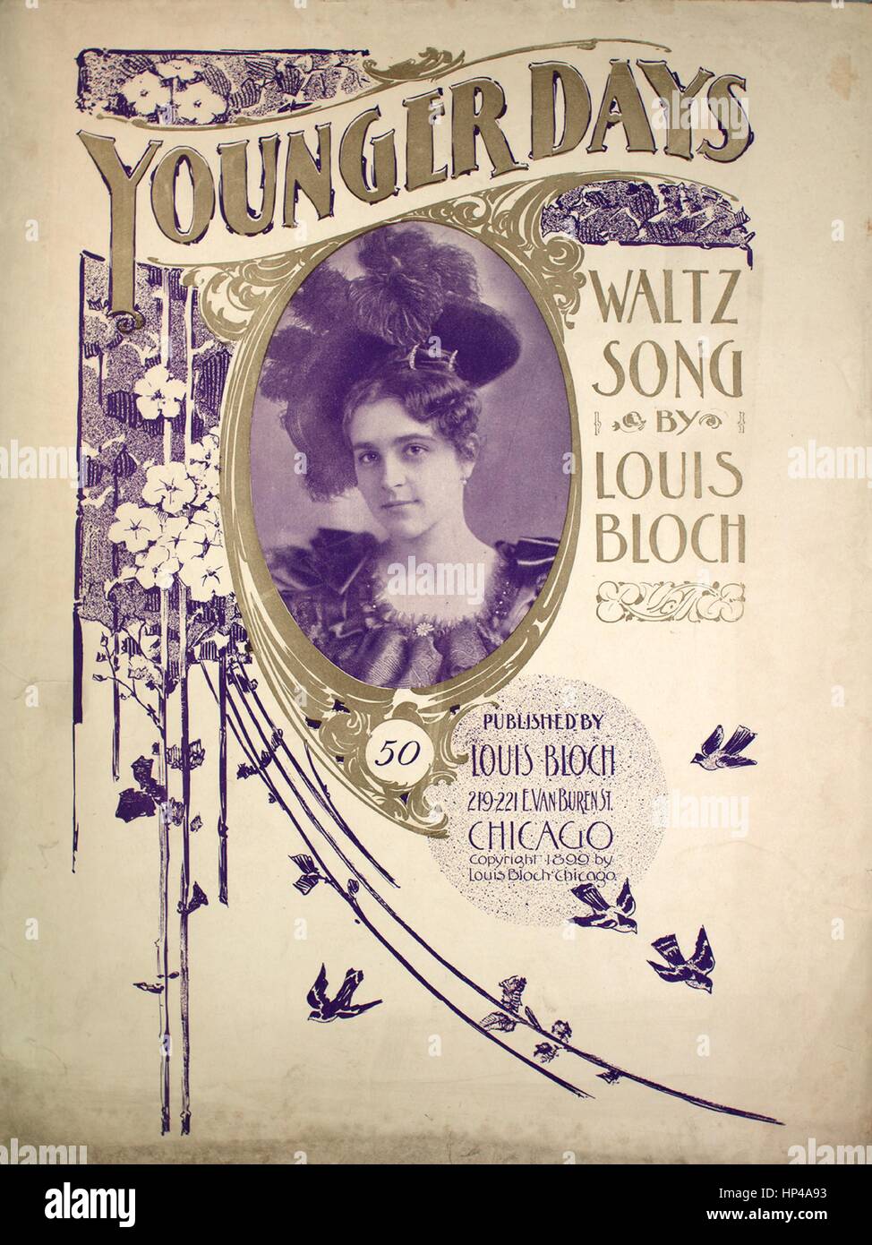 Sheet music cover image of the song 'Younger Days Waltz Song', with original authorship notes reading 'Words by SA Fishel Music by Louis Bloch', United States, 1899. The publisher is listed as 'Louis Bloch, 219-221 E. Van Buren St.', the form of composition is 'strophic with chorus', the instrumentation is 'piano and voice', the first line reads 'An old man worn with years of age, sat in an old arm chair', and the illustration artist is listed as 'unattrib. photo of unidentified woman; Fassett Print Chi.'. Stock Photo