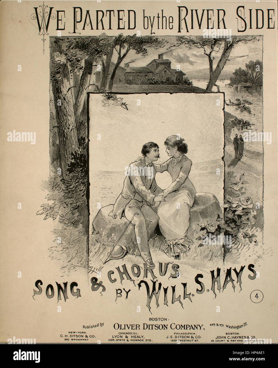 Sheet music cover image of the song 'We Parted by the River Side Song and Chorus', with original authorship notes reading 'By Will S Hays', United States, 1866. The publisher is listed as 'Oliver Ditson Company, 449 and 451 Washington St.', the form of composition is 'strophic with chorus', the instrumentation is 'piano and voice (solo and satb chorus)', the first line reads 'We parted by the river side, the moon looked down on you and me', and the illustration artist is listed as 'None'. Stock Photo