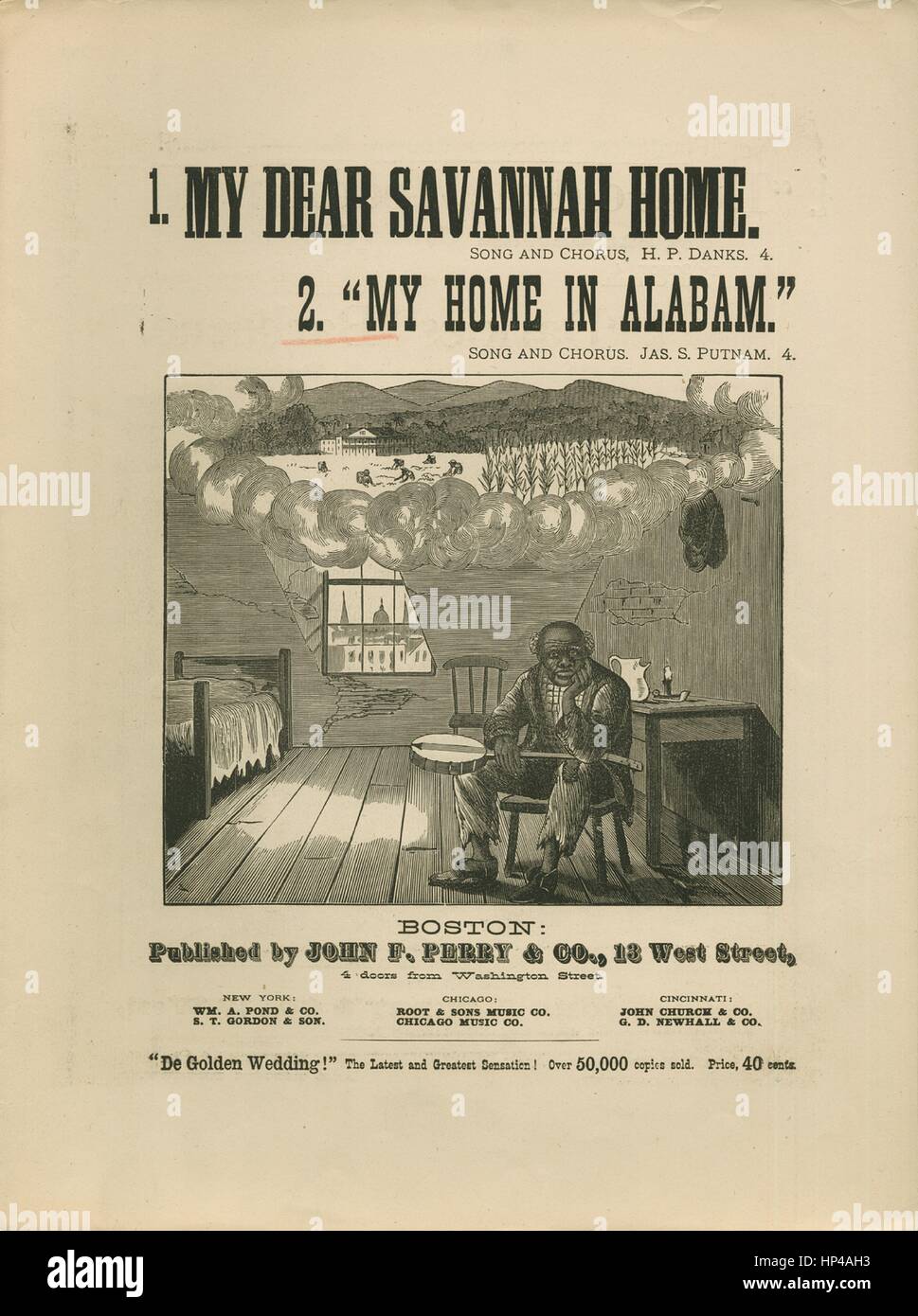 Sheet music cover image of the song 'My Home in Alabam' Song and Chorus', with original authorship notes reading 'By Jas S Putnam', United States, 1881. The publisher is listed as 'John F. Perry and Co., 13 West Street', the form of composition is 'strophic with chorus', the instrumentation is 'piano and voice', the first line reads 'Pleasant mem'ries take me back, yes many years ago', and the illustration artist is listed as 'None'. Stock Photo