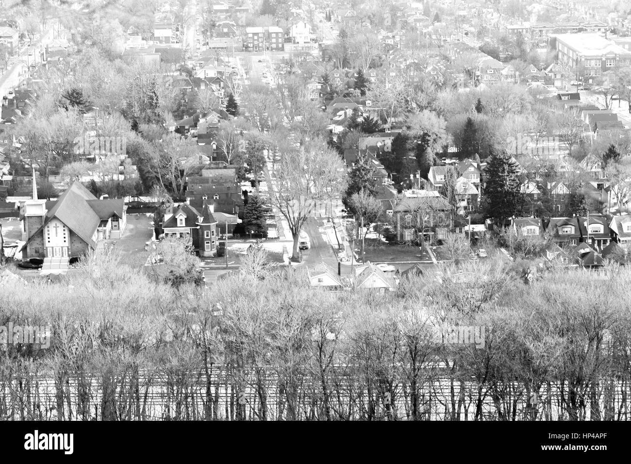 Quaint mature community urban neighbourhood nestled among winter trees, seen from above in black and white Stock Photo