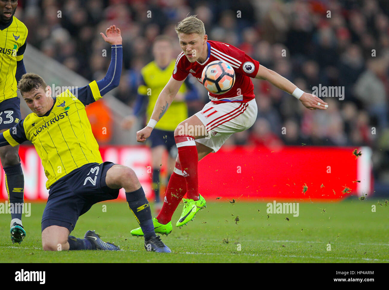 Oxford United's Ryan Ledson and Middlesbrough's Viktor Fischer battle for the ball during the Emirates FA Cup, Fifth Round match at the Riverside Stadium, Middlesbrough. PRESS ASSOCIATION Photo. Picture date: Saturday February 18, 2017. See PA story SOCCER Middlesbrough. Photo credit should read: Richard Sellers/PA Wire. RESTRICTIONS: No use with unauthorised audio, video, data, fixture lists, club/league logos or 'live' services. Online in-match use limited to 75 images, no video emulation. No use in betting, games or single club/league/player publications. Stock Photo