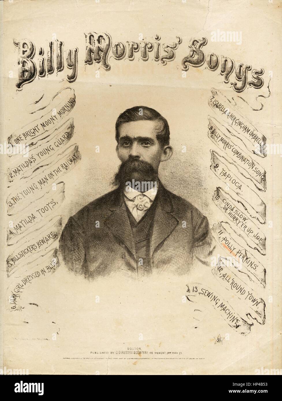 Sheet music cover image of the song 'Polly Perkins of Abington Green Billy Morris' Songs', with original authorship notes reading 'Written and Composed by Harry Clifton', United States, 1864. The publisher is listed as 'G.D. Russell and Company, 126 Tremont, Opp. Park St.', the form of composition is 'strophic with chorus', the instrumentation is 'piano and voice', the first line reads 'I'm a brokenhearted milkman, in grief I'm arrayed', and the illustration artist is listed as 'Photo. by Black'. Stock Photo