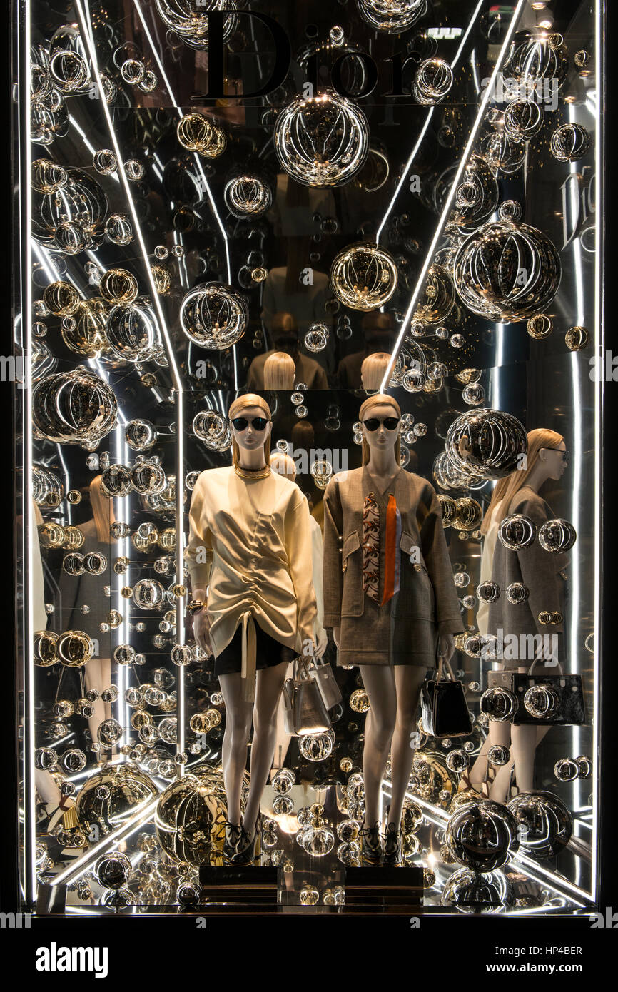 A Christmas decorated display window of the Dior shop in Via Montenapoleone, the most important street of the Milan fashion district. Milan, Italy. Stock Photo