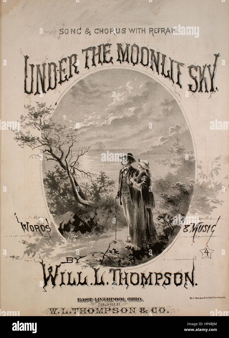 Sheet music cover image of the song 'Under the Moonlight Sky Song and Chorus With Refrain', with original authorship notes reading 'Words and Music by Will L Thompson', 1881. The publisher is listed as 'W.L. Thompson and Co.', the form of composition is 'strophic with chorus', the instrumentation is 'piano and voice (solo and satb chorus)', the first line reads 'Under the fairy moonlight, when the bright stars are shining', and the illustration artist is listed as 'W.J. Morgan and Co. Lith. Cleveland, O.'. Stock Photo