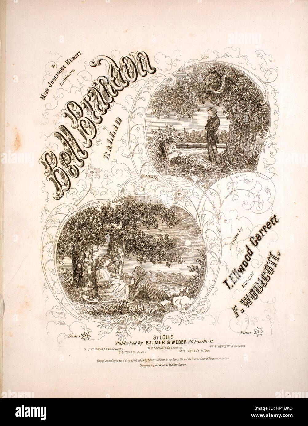 Sheet music cover image of the song 'Bell Brandon Ballad 50th Edition', with original authorship notes reading 'Written by T Ellwood Garrett Music by F Woolcott', 1854. The publisher is listed as 'Balmer and Weber, 56 Fourth St.', the form of composition is 'strophic with chorus', the instrumentation is 'piano and voice', the first line reads ''Neath a tree by the margin of the woodland, whose spreading leafy boughs sweep the ground', and the illustration artist is listed as 'Engraved by Greene and Walker Boston'. Stock Photo