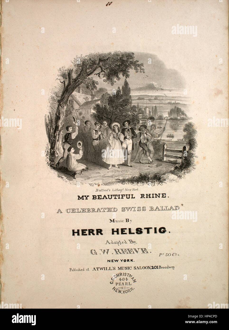 Sheet music cover image of the song 'My Beautiful Rhine A Celebrated Swiss Ballad, from the Opera of the Spirit of the Rhine', with original authorship notes reading 'Music by Herr Helstig Adapted by GW Reeve', United States, 1900. The publisher is listed as 'Atwill's Music Saloon, 201 Broadway', the form of composition is 'strophic with chorus', the instrumentation is 'piano and voice', the first line reads 'How sweet 'tis to wander when day beams decline', and the illustration artist is listed as 'Bufford's Lithogy. New York'. Stock Photo