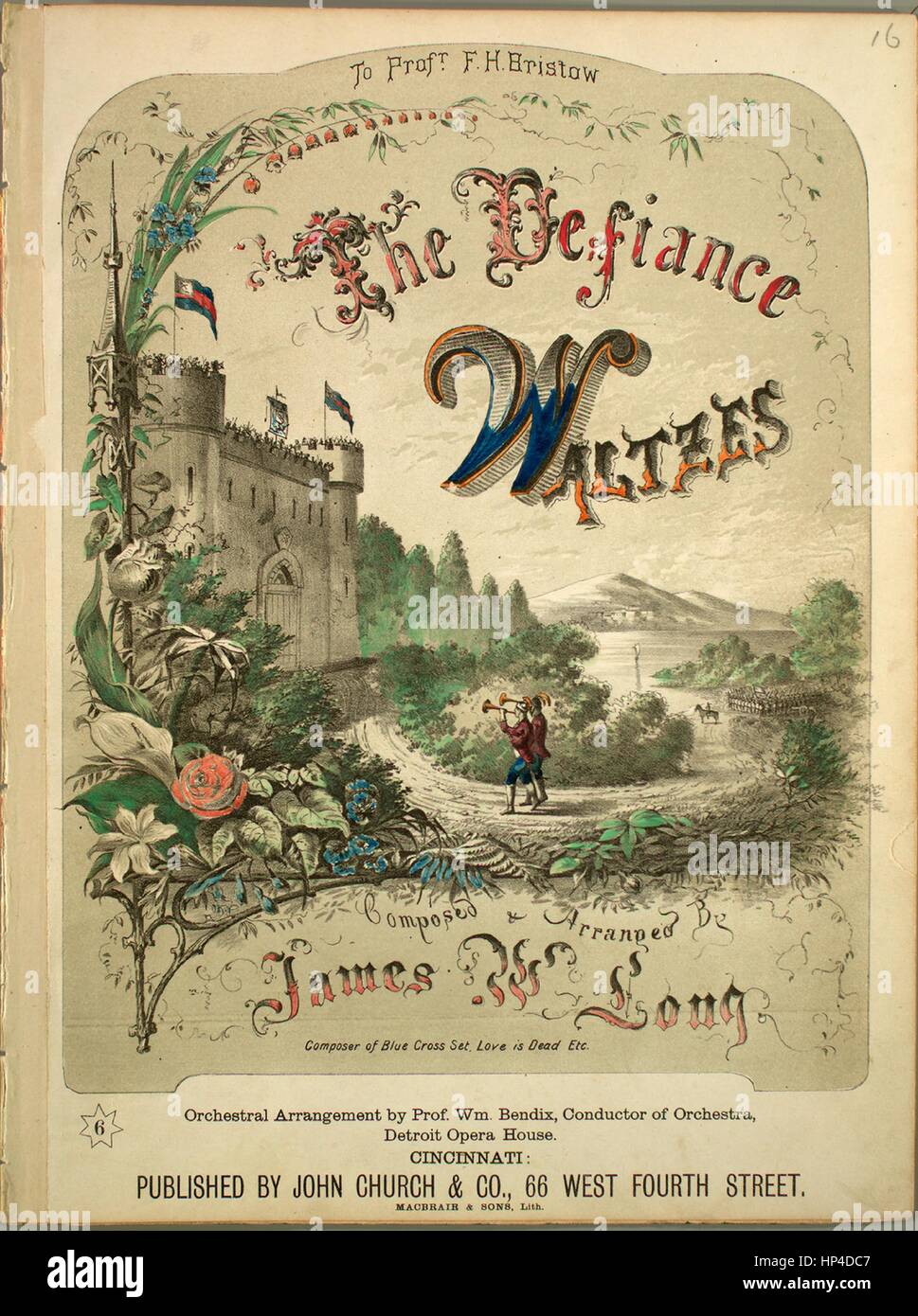 Sheet music cover image of the song 'The Defiance Waltzes', with original authorship notes reading 'Composed and Arranged by James W Long', United States, 1870. The publisher is listed as 'John Church and Co., 66 West Fourth Street', the form of composition is 'da capo', the instrumentation is 'piano, clarinet in B-flat, Cornet in B-flat', the first line reads 'None', and the illustration artist is listed as 'Macbriar and Sons, Lith.'. Stock Photo