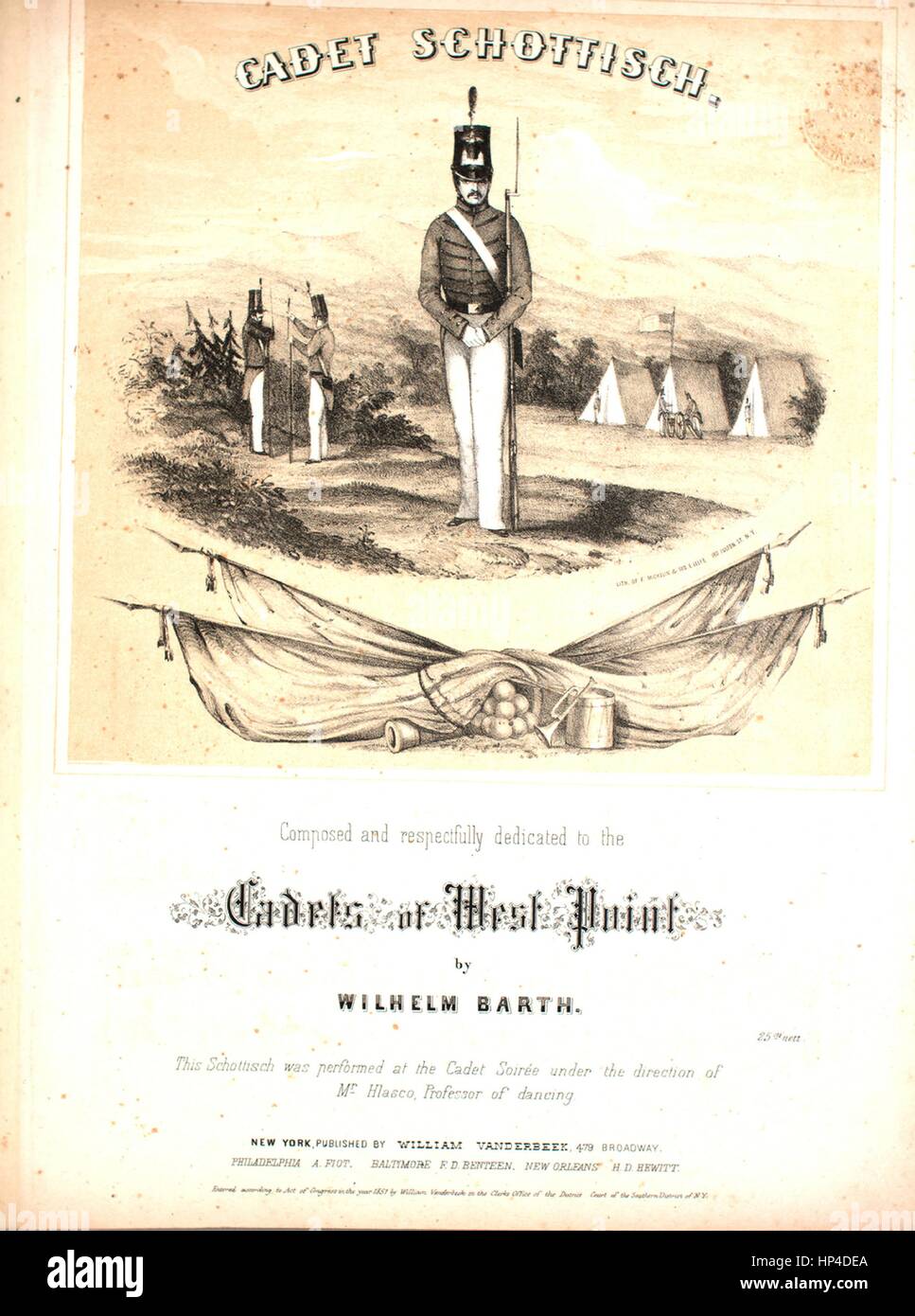 Sheet music cover image of the song 'Cadet Schottisch', with original authorship notes reading 'Composed By Wilhelm Barth', United States, 1851. The publisher is listed as 'William Vanderbeek, 479 Broadway', the form of composition is 'da capo, with trio', the instrumentation is 'piano', the first line reads 'None', and the illustration artist is listed as 'Lith. of F. Michelin and Geo. E. Leefe 180 Fulton St. N.Y.'. Stock Photo