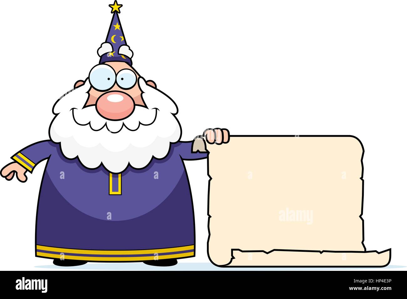 A happy cartoon wizard with a scroll. Stock Vector