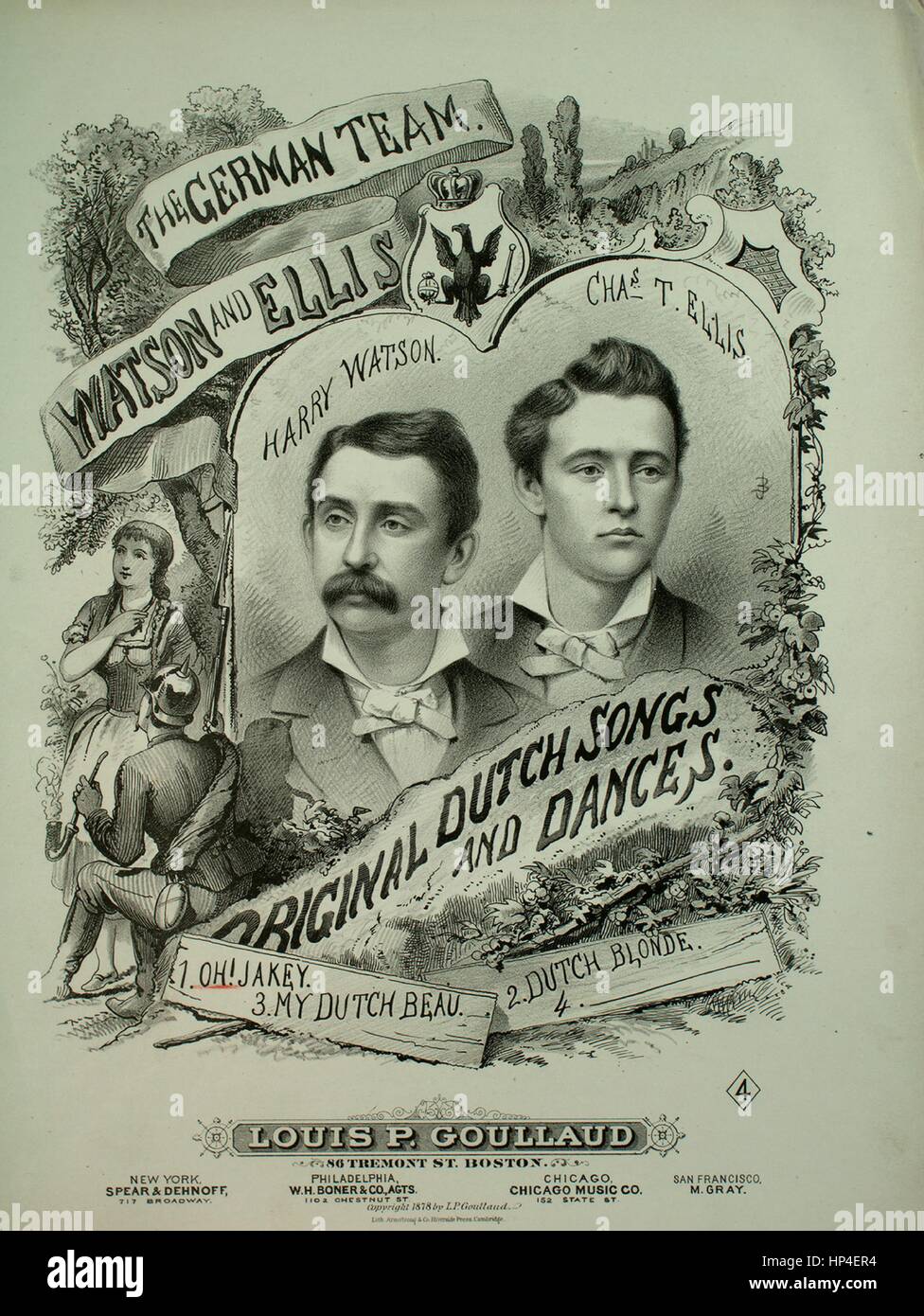 Sheet music cover image of the song 'The German Team, Watson and Ellis Original Dutch Songs and Dances No 1 Oh! Jakey Jakey! How I Love Dot Deitcher Boy', with original authorship notes reading 'Chas T Ellis Arr by JHW', United States, 1878. The publisher is listed as 'Louis P. Goullaud, 86 Tremont St.', the form of composition is 'strophic with chorus', the instrumentation is 'piano and voice', the first line reads 'I'm in love mit a charming little deitcher boy', and the illustration artist is listed as 'Lith. Armstrong and Co. Riverside Press Cambridge; Davenport Bros. Boston'. Stock Photo