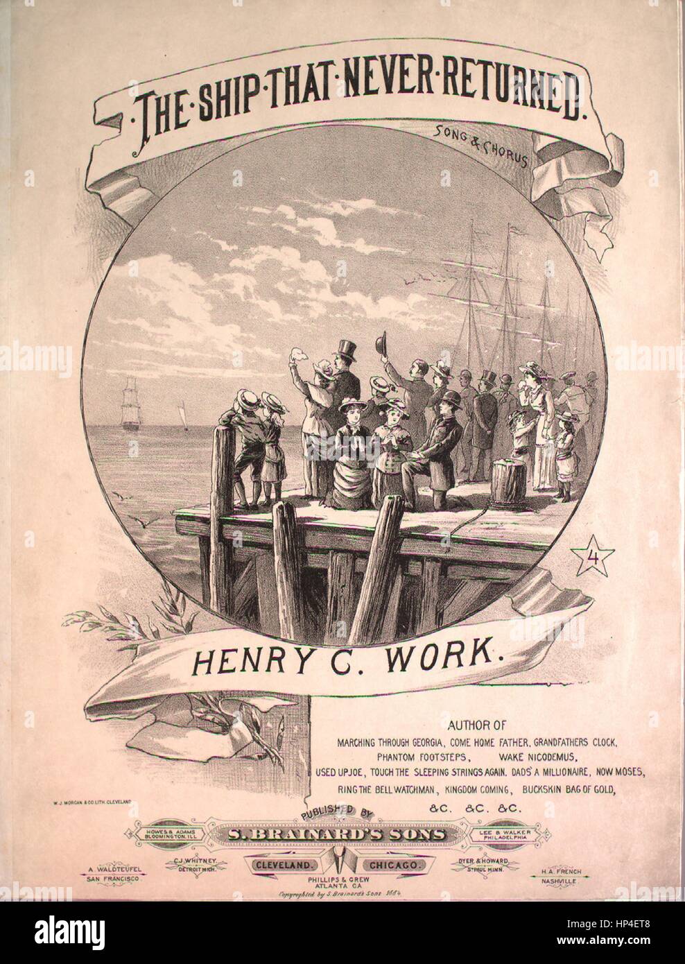 Sheet music cover image of the song 'The Ship That Never Returned Song and Chorus', with original authorship notes reading 'Henry C Work', United States, 1884. The publisher is listed as 'S. Brainard's Sons', the form of composition is 'strophic with chorus', the instrumentation is 'piano and voice (solo and satb chorus)', the first line reads 'On a summer's day, when the wave was rippled by the softest, gentlest breeze', and the illustration artist is listed as 'W.J. Morgan and Co. Lith. Cleveland'. Stock Photo