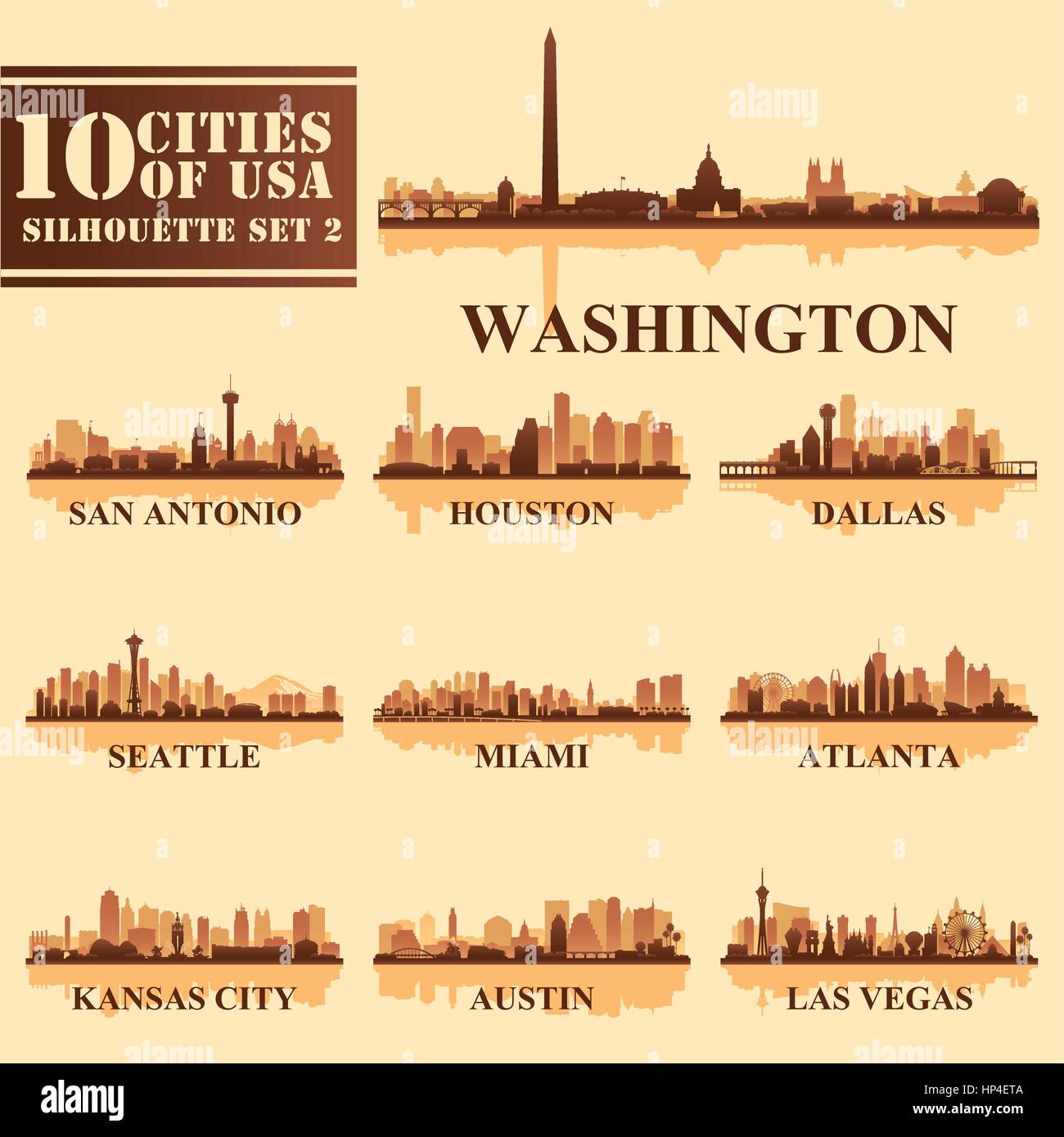 Silhouette city set of USA 2. Vector illustration Stock Vector