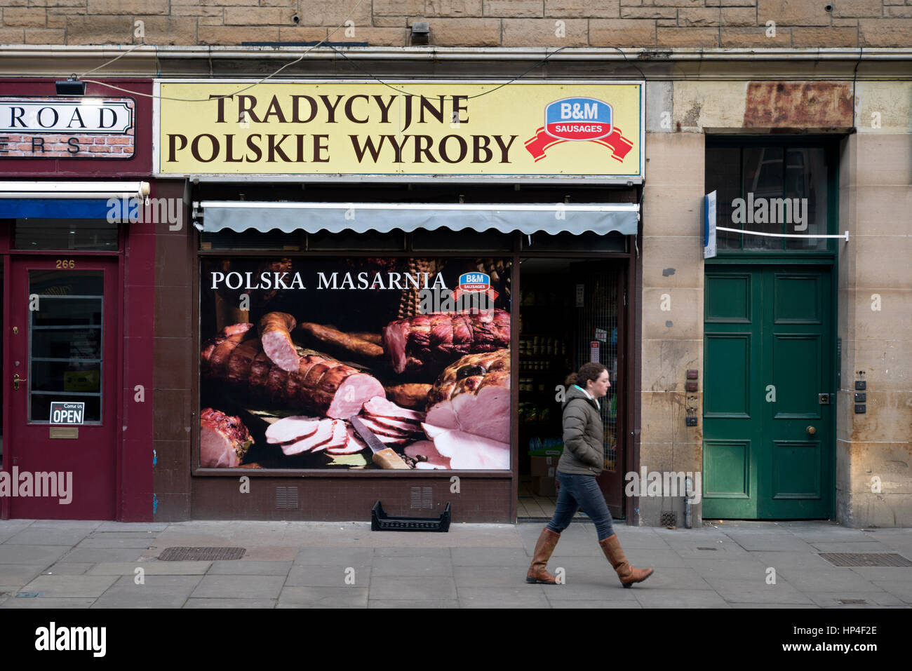 Polish butcher's shop on Gorgie Road in Edinburgh, Scotland, UK. Stock Photo