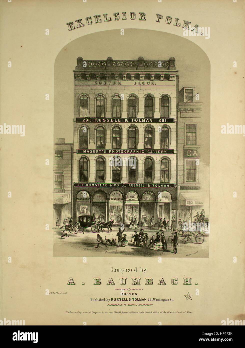 Sheet music cover image of the song 'Excelsior Polka', with original authorship notes reading 'Composed by A Baumbach', United States, 1858. The publisher is listed as 'Russell and Tolman, 291 Washington St., Successors to Russell and Richardson', the form of composition is 'sectional', the instrumentation is 'piano', the first line reads 'None', and the illustration artist is listed as 'J.H. Bufford's Lith.; F.G.'. Stock Photo
