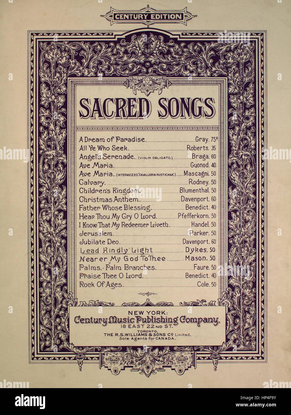 Sheet music cover image of the song 'Lead Kindly Light Century Edition Sacred Songs', with original authorship notes reading 'Arr by S Stenhammar', United States, 1901. The publisher is listed as 'Century Music Publishing Company, 18 East 22nd Street', the form of composition is 'strophic with chorus', the instrumentation is 'piano and voice', the first line reads 'Lead, Kindy Light, amid th'encircling gloom', and the illustration artist is listed as 'None'. Stock Photo