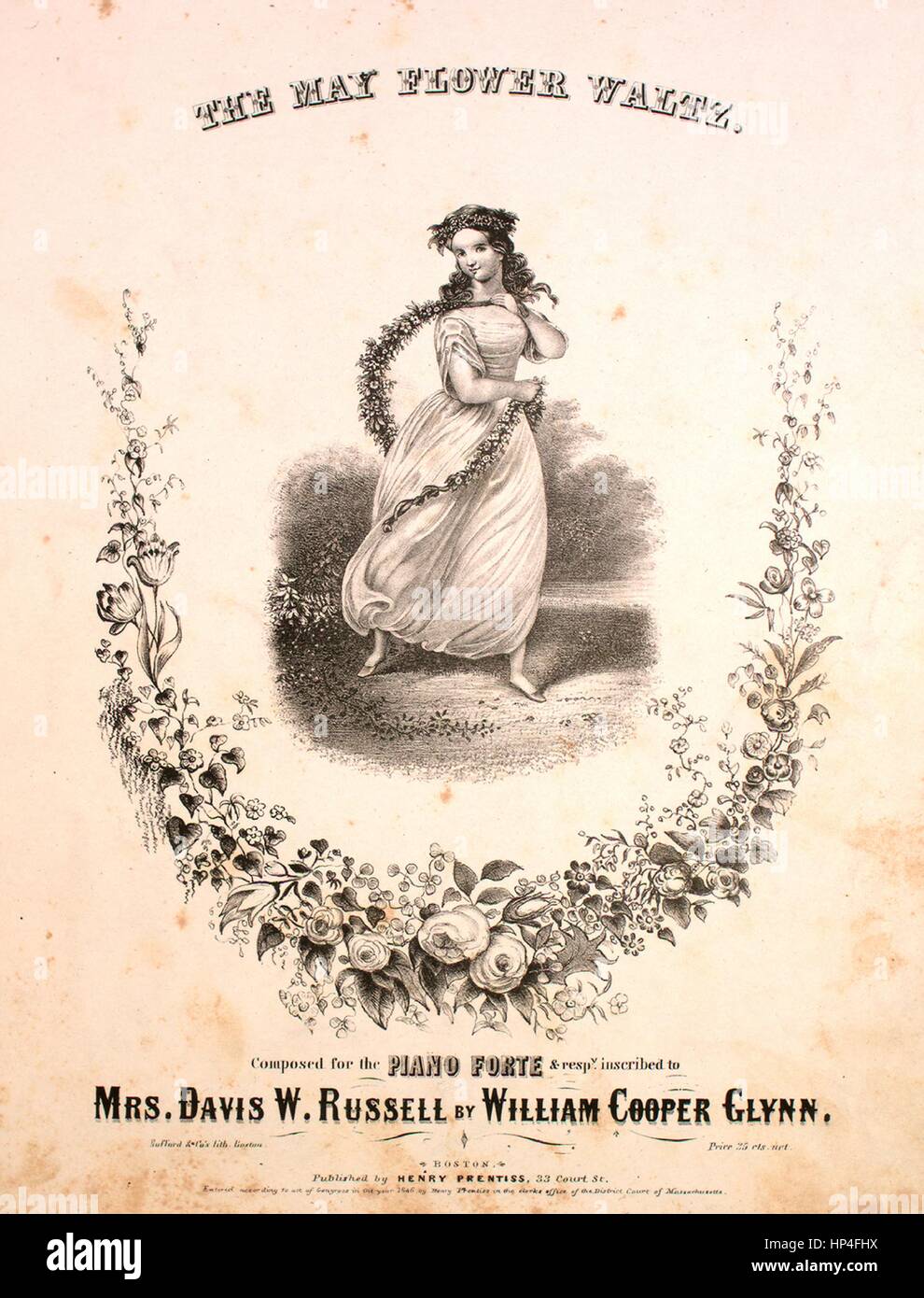 Sheet music cover image of the song 'The May Flower Waltz', with original authorship notes reading 'Composed for the Piano Forte by William Cooper Glynn', United States, 1846. The publisher is listed as 'Henry Prentiss, No. 33 Court St.', the form of composition is 'sectional', the instrumentation is 'piano', the first line reads 'None', and the illustration artist is listed as 'Bufford and Co.'s lith. Boston'. Stock Photo