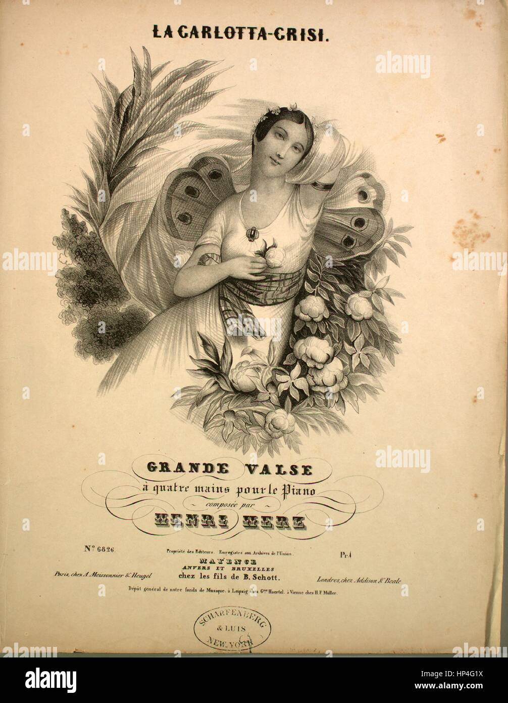 Sheet music cover image of the song 'La Carlotta-Crisi Grand Valse `a quatre mains pour le Piano', with original authorship notes reading 'Composee par Henri Herz', 1900. The publisher is listed as 'chez les fils de B. Schott', the form of composition is 'cover only, no music', the instrumentation is 'piano four hands', the first line reads 'None', and the illustration artist is listed as 'None'. Stock Photo