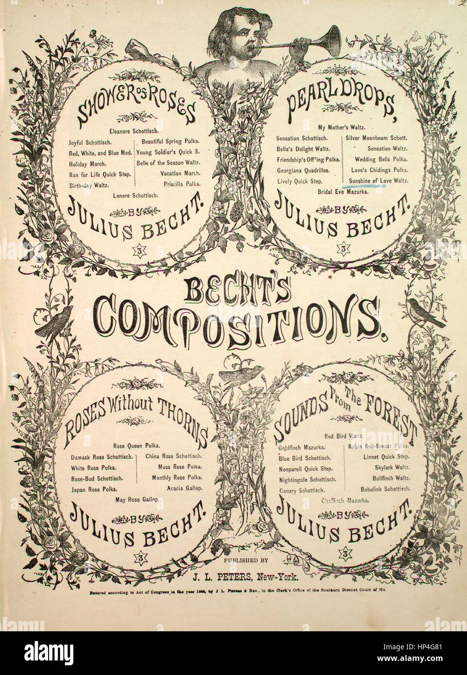 Sheet music cover image of the song 'Becht's Compositions Pearldrops Sunshine of Love Waltz', with original authorship notes reading 'by Julius Becht', United States, 1866. The publisher is listed as 'J.L. Peters', the form of composition is 'sectional', the instrumentation is 'piano', the first line reads 'None', and the illustration artist is listed as 'None'. Stock Photo