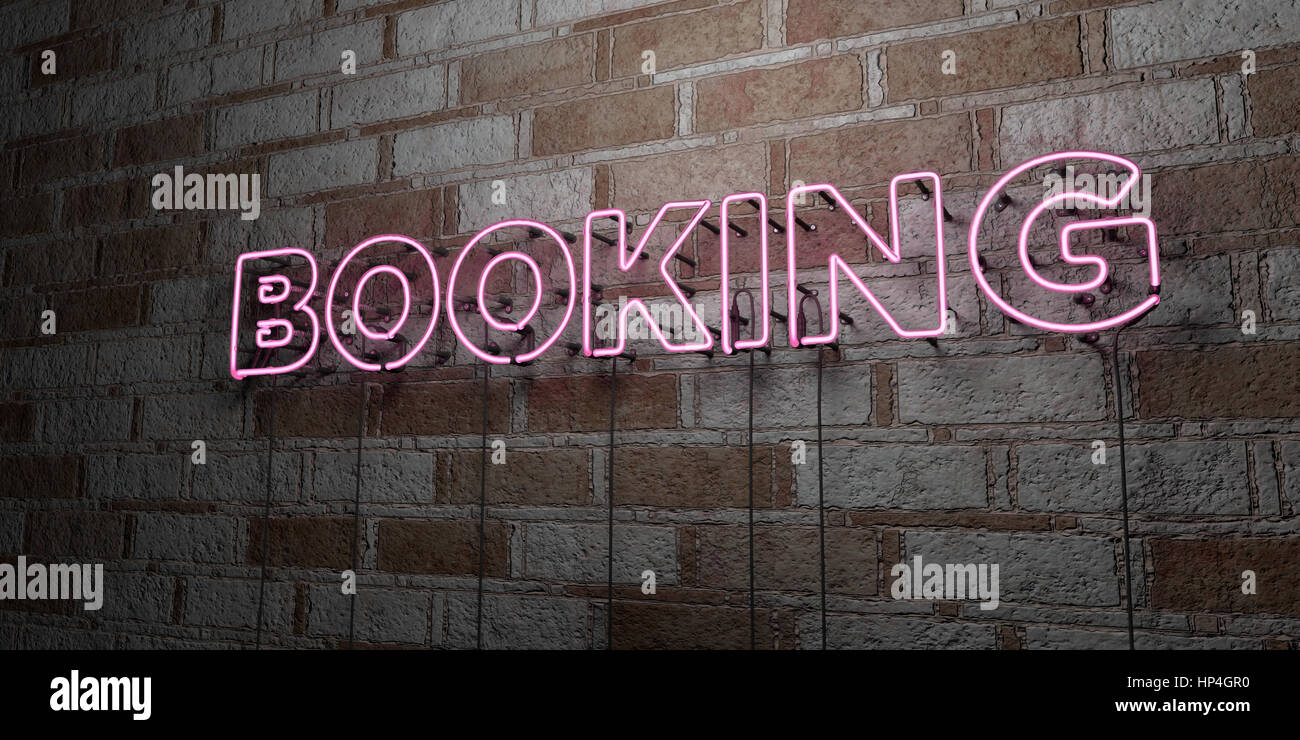 BOOKING - Glowing Neon Sign on stonework wall - 3D rendered royalty free stock illustration.  Can be used for online banner ads and direct mailers. Stock Photo