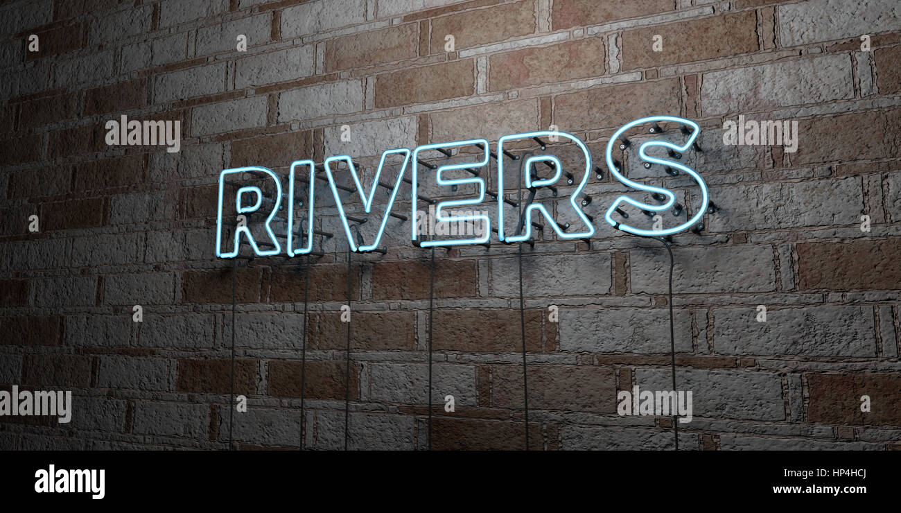 RIVERS - Glowing Neon Sign on stonework wall - 3D rendered royalty free stock illustration.  Can be used for online banner ads and direct mailers. Stock Photo