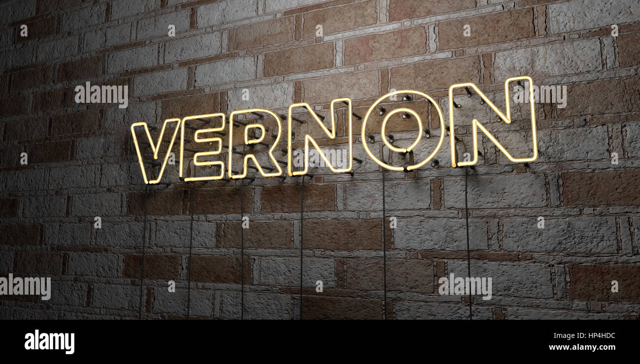 VERNON - Glowing Neon Sign on stonework wall - 3D rendered royalty free stock illustration.  Can be used for online banner ads and direct mailers. Stock Photo