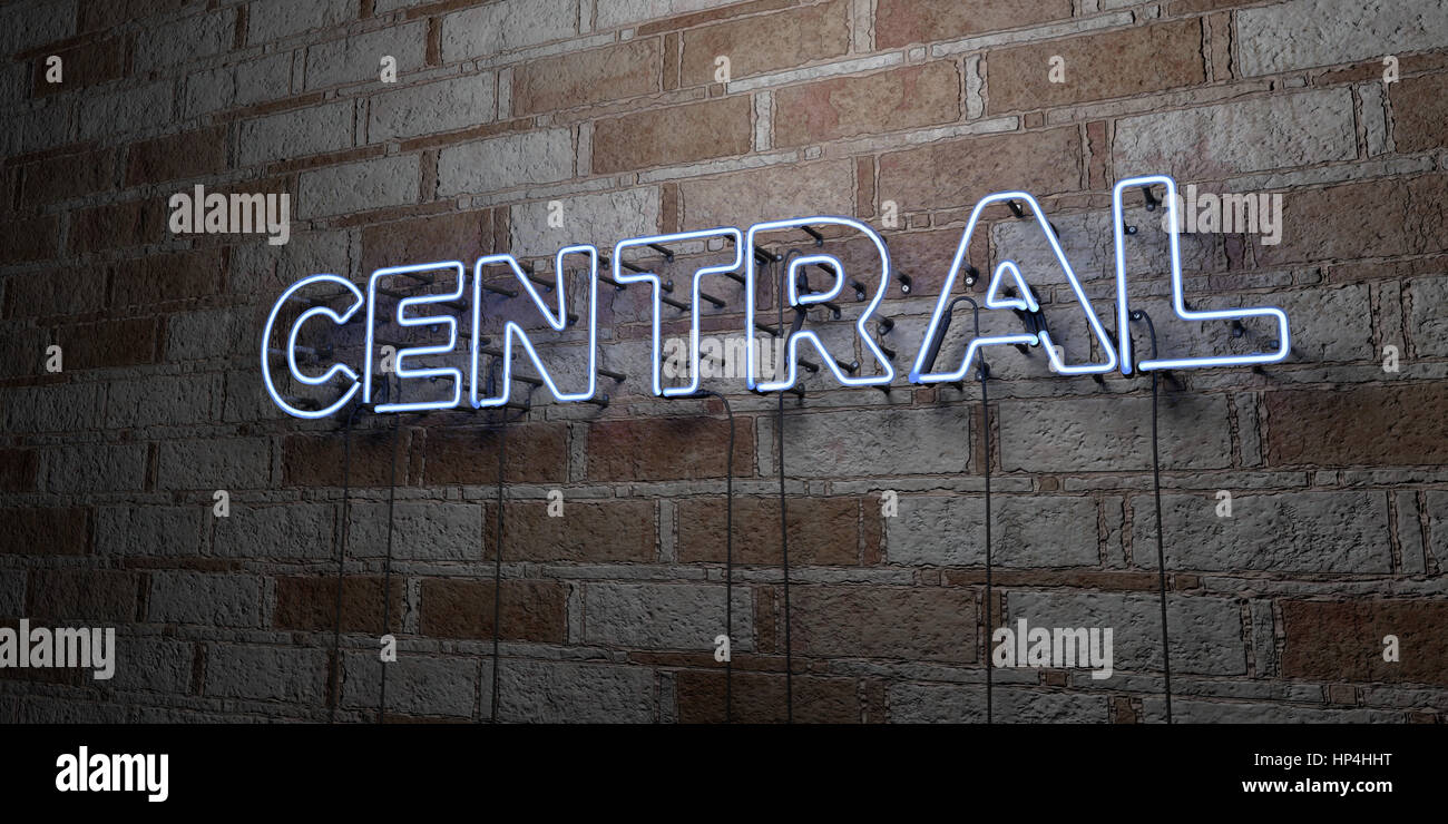 CENTRAL - Glowing Neon Sign on stonework wall - 3D rendered royalty free stock illustration.  Can be used for online banner ads and direct mailers. Stock Photo