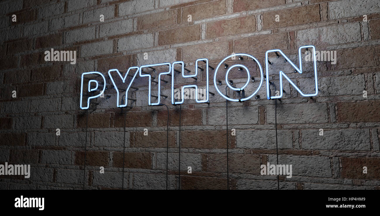 PYTHON - Glowing Neon Sign on stonework wall - 3D rendered royalty free ...