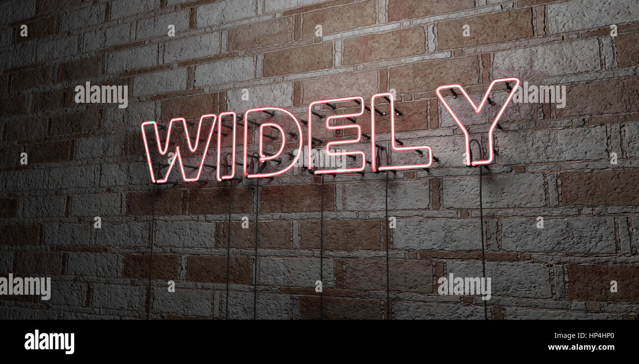 WIDELY - Glowing Neon Sign on stonework wall - 3D rendered royalty free stock illustration.  Can be used for online banner ads and direct mailers. Stock Photo