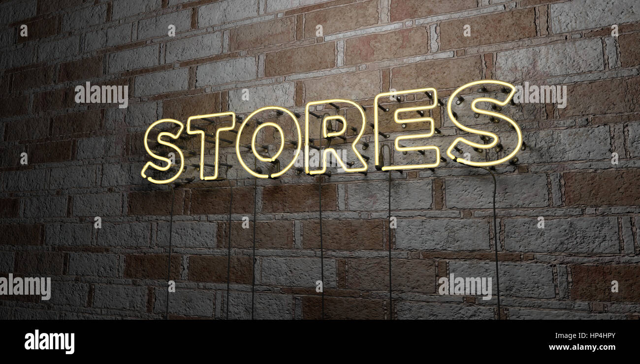 STORES - Glowing Neon Sign on stonework wall - 3D rendered royalty free stock illustration.  Can be used for online banner ads and direct mailers. Stock Photo