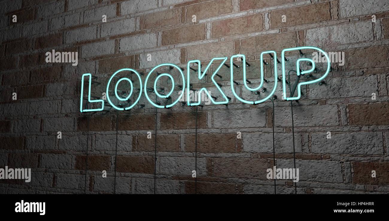 LOOKUP - Glowing Neon Sign on stonework wall - 3D rendered royalty free stock illustration.  Can be used for online banner ads and direct mailers. Stock Photo