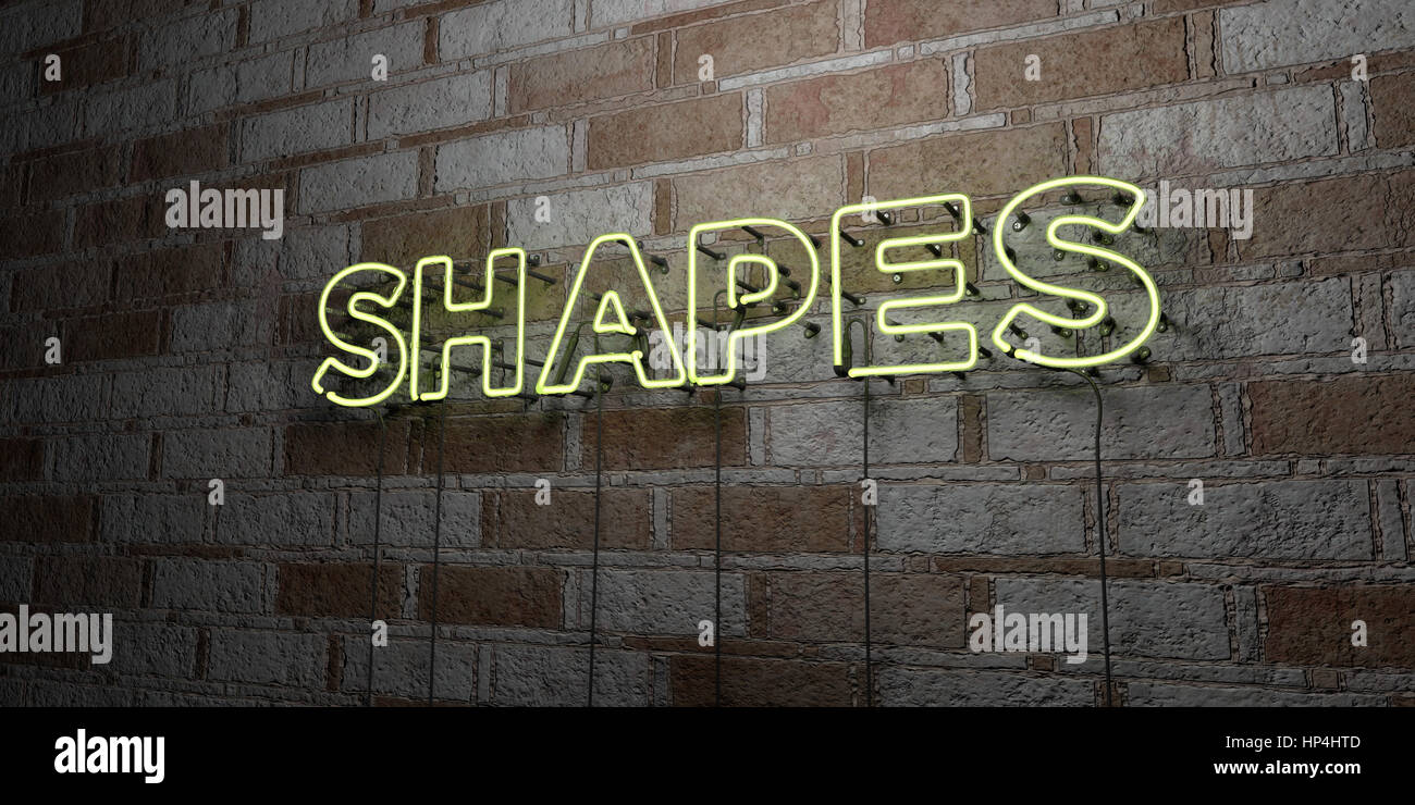 SHAPES - Glowing Neon Sign on stonework wall - 3D rendered royalty free stock illustration.  Can be used for online banner ads and direct mailers. Stock Photo