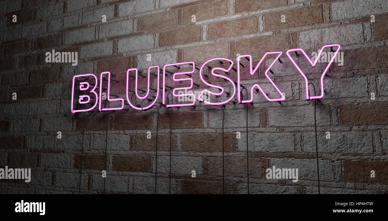BLUESKY - Glowing Neon Sign on stonework wall - 3D rendered royalty free stock illustration.  Can be used for online banner ads and direct mailers. Stock Photo