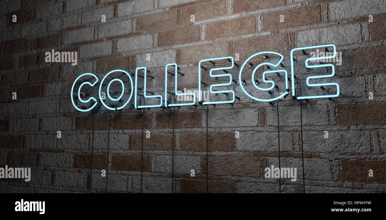 COLLEGE - Glowing Neon Sign on stonework wall - 3D rendered royalty free stock illustration.  Can be used for online banner ads and direct mailers. Stock Photo