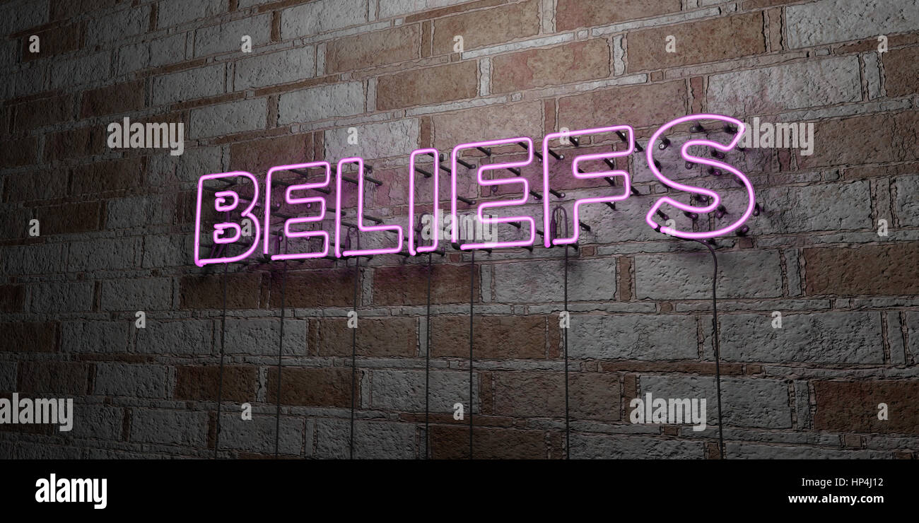 BELIEFS - Glowing Neon Sign on stonework wall - 3D rendered royalty free stock illustration.  Can be used for online banner ads and direct mailers. Stock Photo