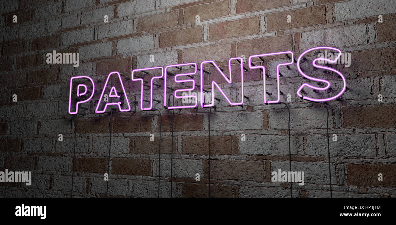 PATENTS - Glowing Neon Sign on stonework wall - 3D rendered royalty free stock illustration.  Can be used for online banner ads and direct mailers. Stock Photo