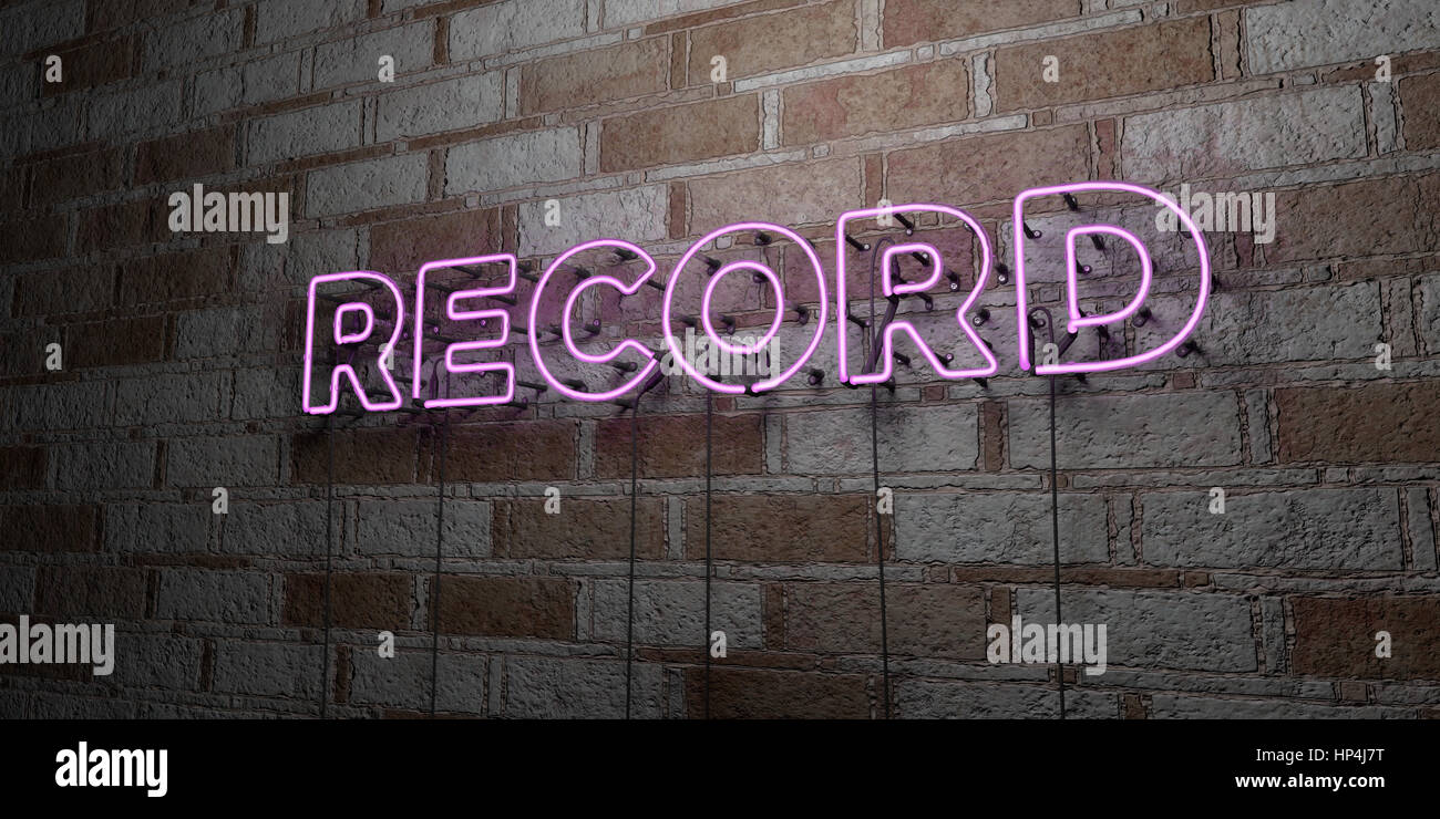 RECORD - Glowing Neon Sign on stonework wall - 3D rendered royalty free stock illustration.  Can be used for online banner ads and direct mailers. Stock Photo