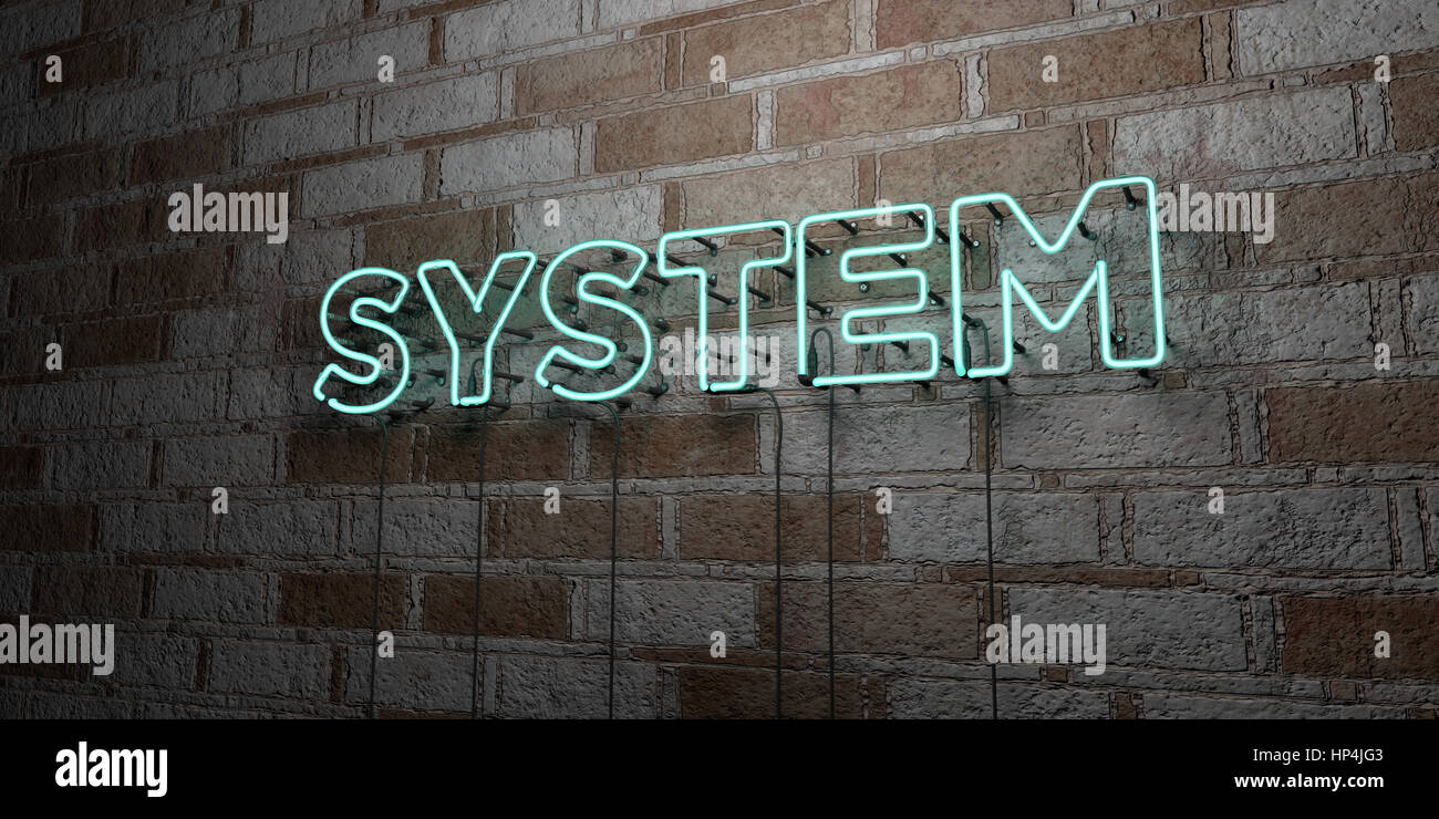 SYSTEM - Glowing Neon Sign on stonework wall - 3D rendered royalty free stock illustration.  Can be used for online banner ads and direct mailers. Stock Photo