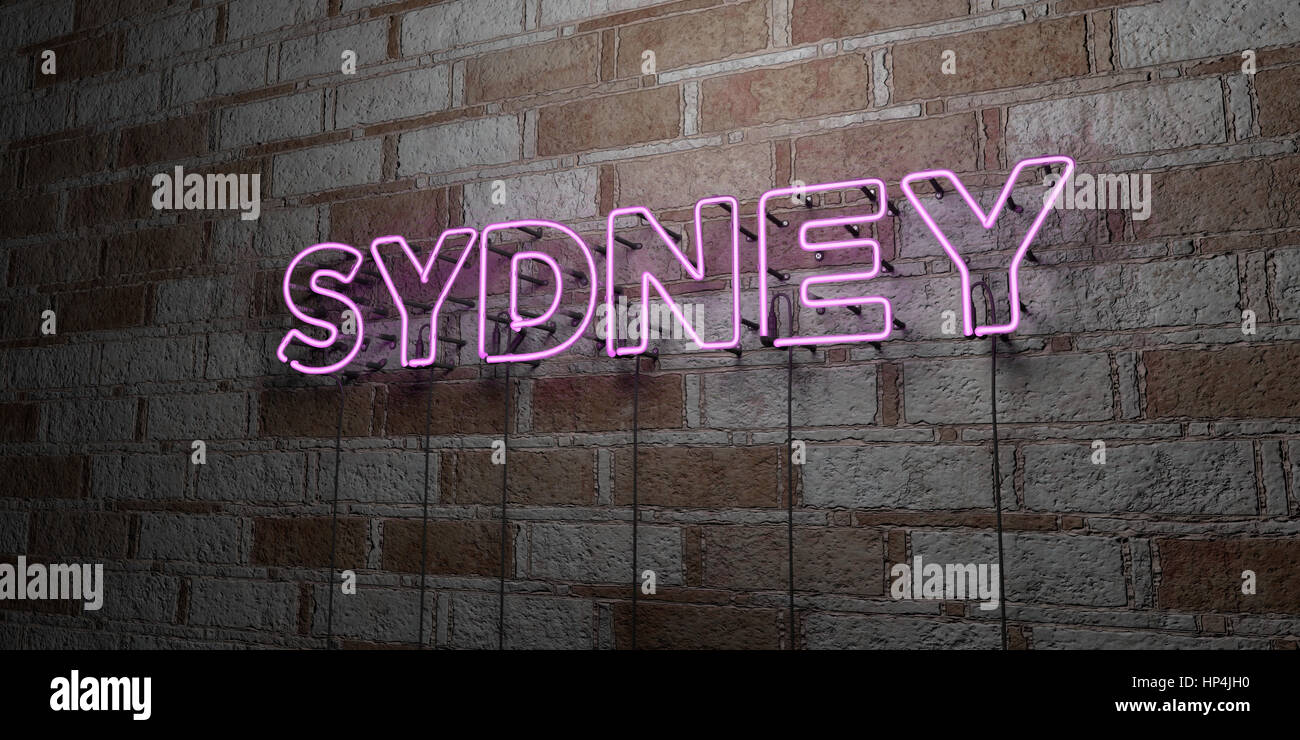 SYDNEY - Glowing Neon Sign on stonework wall - 3D rendered royalty free stock illustration.  Can be used for online banner ads and direct mailers. Stock Photo