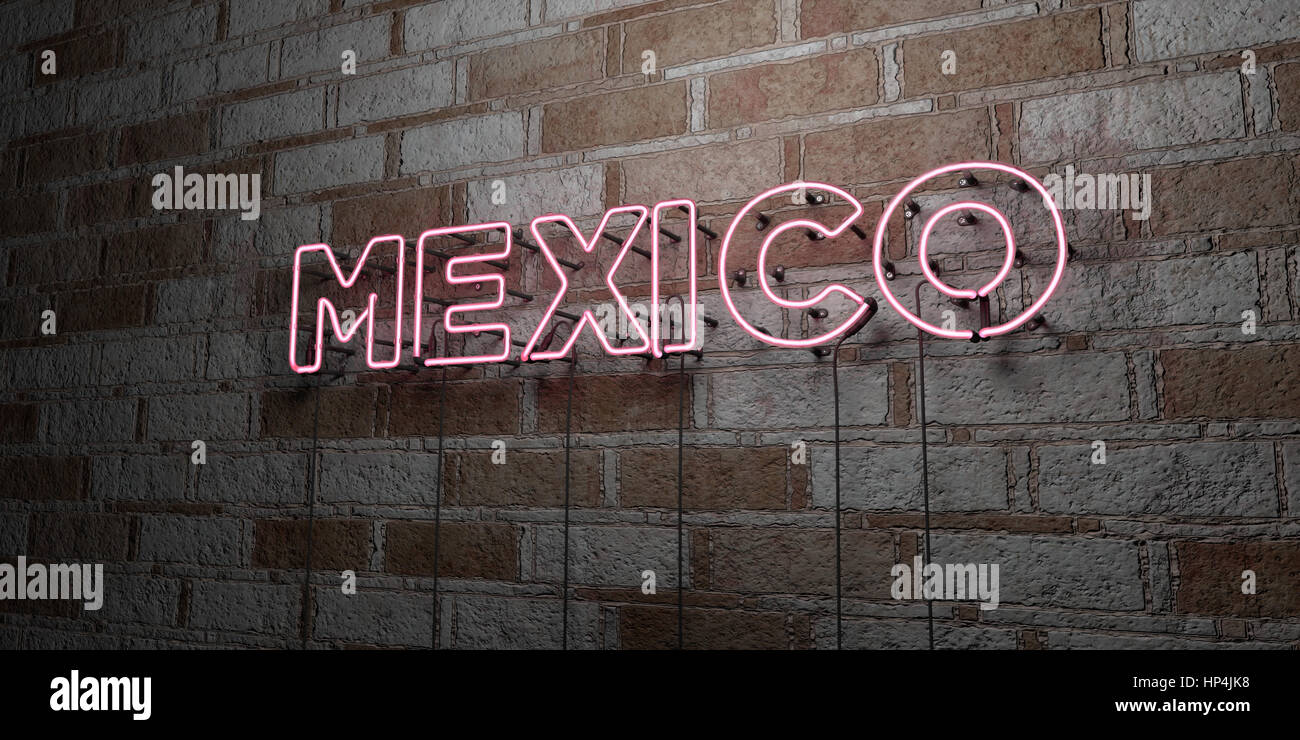 MEXICO - Glowing Neon Sign on stonework wall - 3D rendered royalty free stock illustration.  Can be used for online banner ads and direct mailers. Stock Photo