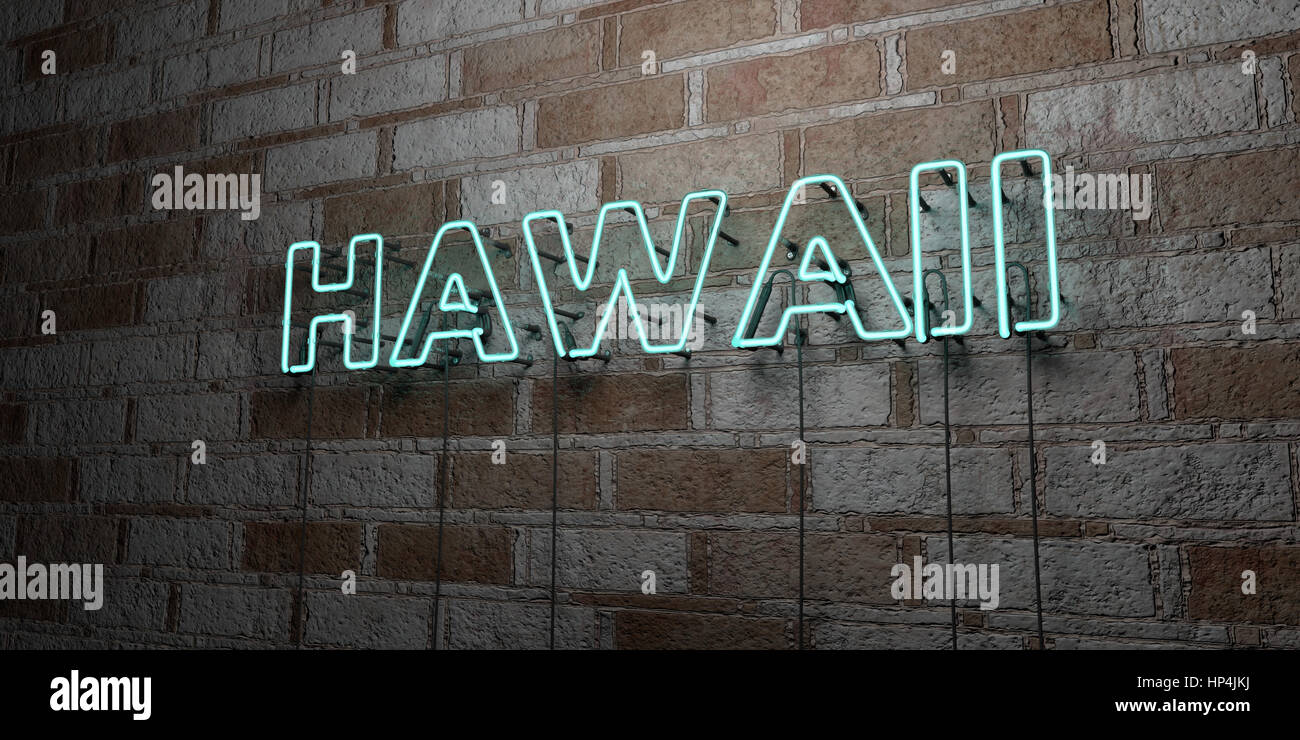 HAWAII Glowing Neon Sign on stonework wall 3D rendered royalty free